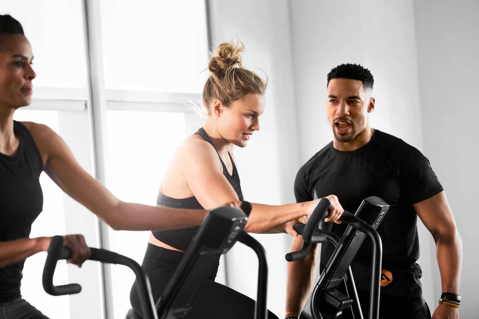 A woman on a stationary bike