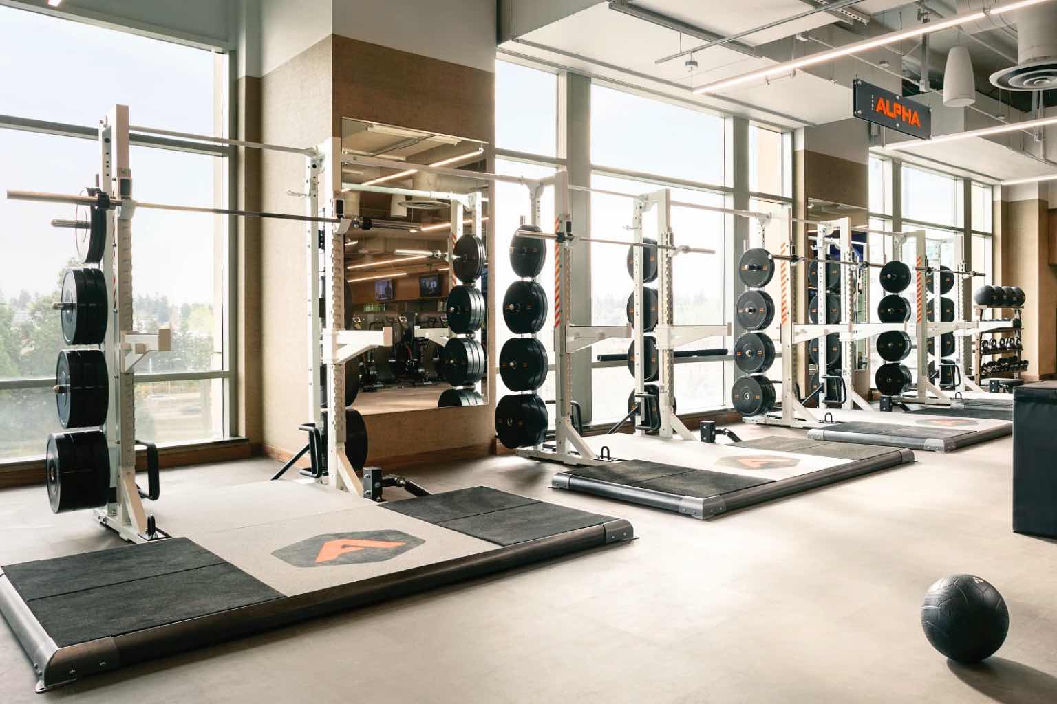 Life Time weight room with Olympic-style squat racks and equipment