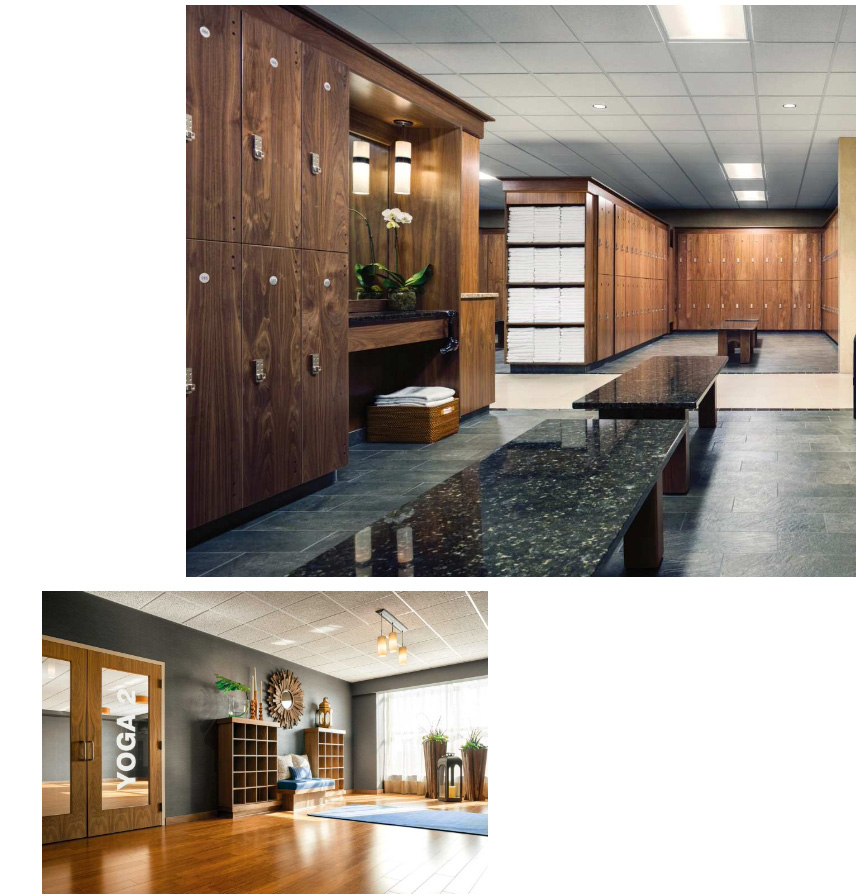 a collage of 2 images: a luxury wood and marble locker room with rows of towels, and a brightly lit yoga studio.