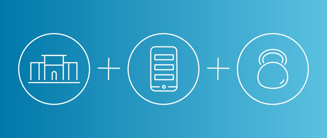 Blue background with kettlebell, club and smartphone illustration